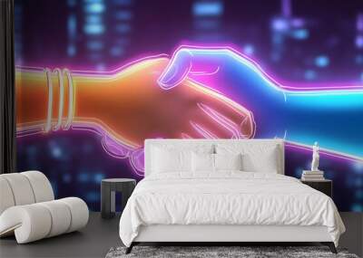 A digital illustration depicting two hands shaking, with one hand in orange and the other in blue, featuring glowing neon lines against a dark city backdrop  Wall mural