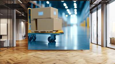 A dolly cart with boxes in the warehouse, illuminated by soft light, symbolizing the bustling activity of cargo delivery and transportation service for global trade. Wall mural