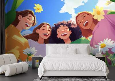 A group of friends enjoying a sunny day, surrounded by blooming flowers, with cheerful smiles in illustrator style Wall mural