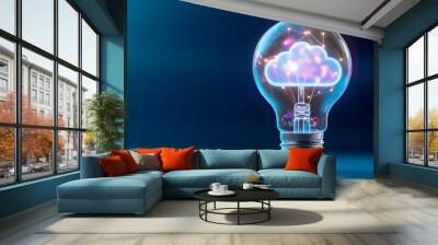 A light bulb with a glowing cloud icon inside, symbolizing the idea of data storage and futuristic technology. The background is dark blue  Wall mural