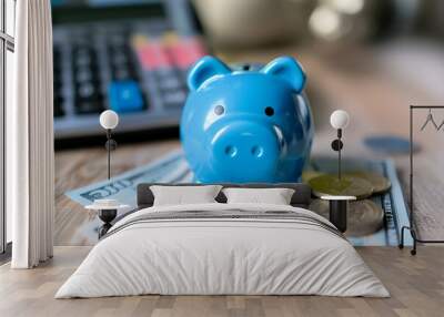 A pink piggy bank with money, calculator, and banknotes on a white background representing savings and finance concepts Wall mural