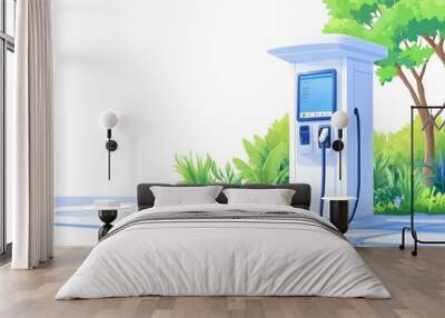 Illustration of an electric vehicle charging station with a display and cable on a white background Wall mural