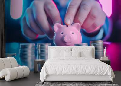 Investment management and risk diversification concept, saving money and investment, a businessman carefully touching a piggy bank placed on a stack of coins Wall mural