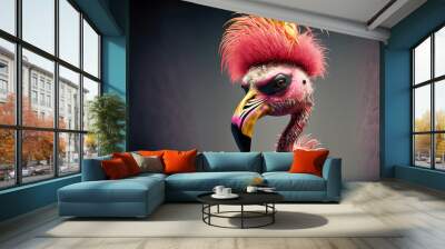 Portrait Punk - Flamingo mit Irokesenschnitt, KI-generiert, Fantasie Wall mural