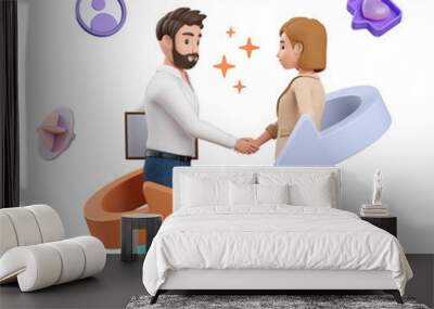 3D characters a man in a shirt and a woman in a suit shake hands over a successful deal. Wall mural