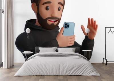 A man in a black hoodie is watching presentation in mobile phone 3d render illustration Wall mural