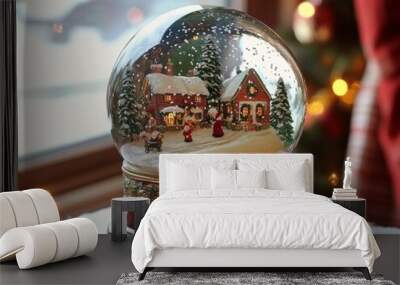 A Christmas snow globe depicting a winter village with a red house and snow-covered trees. Wall mural