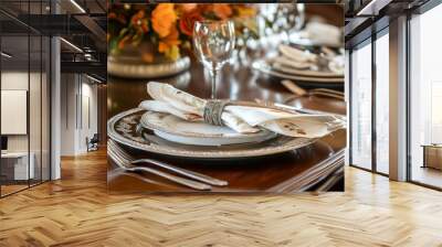 A Place Setting with a White Napkin and Silverware on a Wooden Table Wall mural