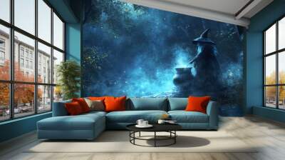 A witch stirring a cauldron in a mystical forest at night Wall mural