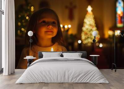 A Young Girl Holds a Lit Candle in a Church During a Christmas Service Wall mural