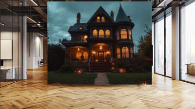 An old Victorian house with glowing windows at dusk. Wall mural