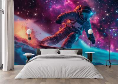 Astronaut Surfing the Cosmic Waves Wall mural