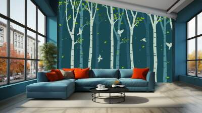 Birch tree with birds silhouette on green background Wall mural