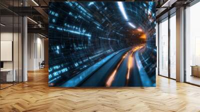 Futuristic Tunnel with Binary Code Walls and Glowing Lights Wall mural