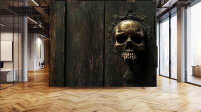 Golden Skull Door Knocker on a Dark Wooden Door Wall mural