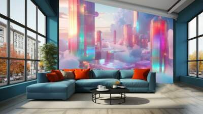 Holographic Skyscrapers Piercing Through Clouds in a Dreamlike Setting Wall mural