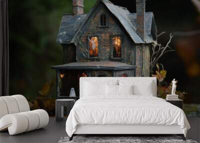 Miniature Haunted House with Two Ghosts on Porch Wall mural