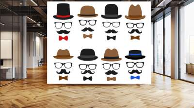 Mustache, Hat, and Glasses isolated on white background Wall mural