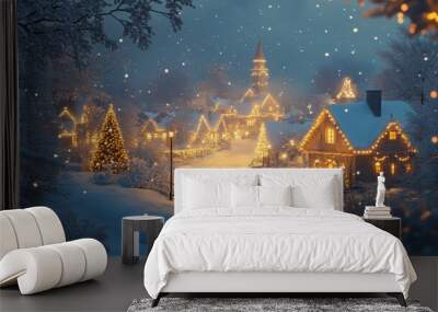 Snowy Village Street with Christmas Lights and Falling Snow Wall mural