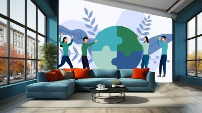 Team working, people connecting puzzle elements, business concept vector illustration Wall mural