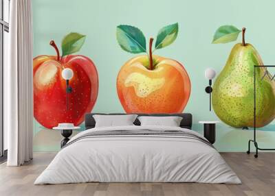 Three Fruits: Red Apple, Yellow Apple, Green Pear Wall mural