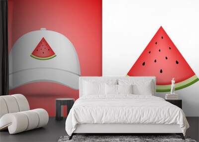 Watermelon on white baseball cap. Vector illustration Wall mural