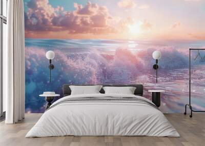 Waves crash against horizon under a bright blue sky Wall mural