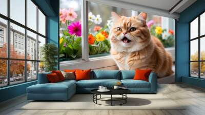 Cheerful Cat by Floral Window Wall mural