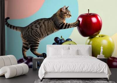 Colorful Cat Mid-Climb Among Vibrant Fruits Wall mural