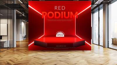 Red background concept, red polygon Podium with neon light on red room, Vector illustration Wall mural