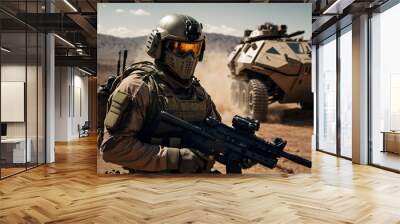 futuristic army concept with a soldier in front of armored vehicle Wall mural