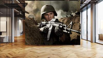 soldier in a trench amidst a battle holding a gun Wall mural