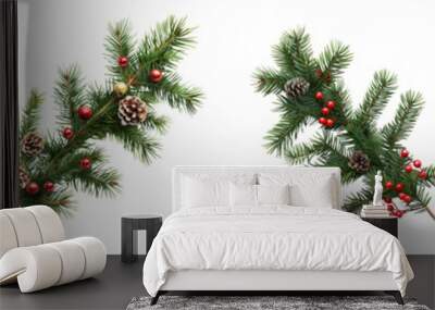 tree branch isolated on a transparent background - Featuring lush, green pine needles with festive decorations - Clean and detailed composition with soft, even lighting - Studio photography highlighti Wall mural