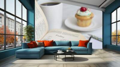 Bible study and journal with cupcake and coffee snacks Wall mural