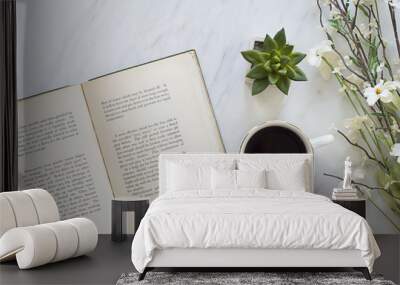 flatly of book and coffee on table for morning relaxing time Wall mural