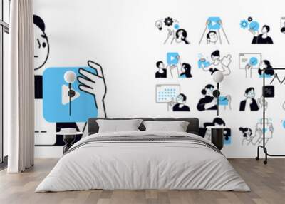 Business concept illustrations. Set of people vector illustrations in various activities of online business, startup, management, project development, communication, social media.  Wall mural