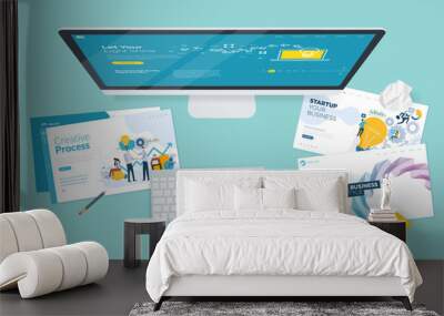 Creative workspace concept, top view. Flat design vector illustration for graphic and website design and development, creative process, business planning, strategy and presentation, internet marketing Wall mural