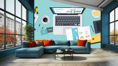 Creative workspace concept, top view. Flat design vector illustration for graphic and website design and development, creative process, business planning, strategy and presentation, internet marketing Wall mural