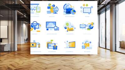 Flat design icons collection. Vector illustrations for project management, mobile apps and services, social network, cloud services, e-commerce, internet security, e-banking, SEO, digital marketing. Wall mural