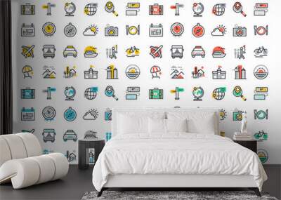 flat line colorful icons collection of travel and tourism theme, holiday trip planning, online trave Wall mural