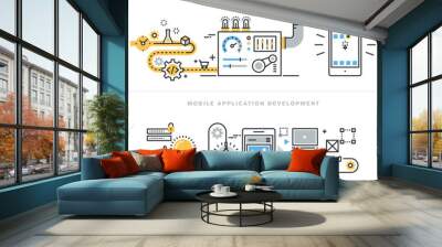 Flat line concepts for mobile website design and development, mobile application development, responsive design, programming, seo, smartphone user interface construction, for website banners. Wall mural