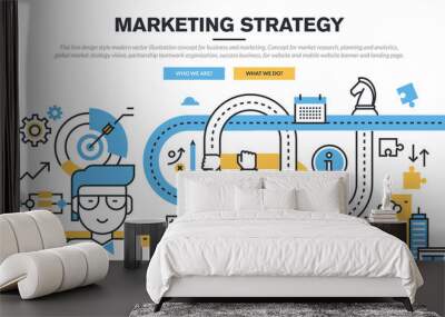 Flat line design concept for business and marketing, market research, planning and analytics, marketing strategy, partnership teamwork organization, success business, for web banner and landing page. Wall mural