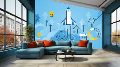 Flat line design website banner of business startup. Modern vector illustration for web design, marketing and print material. Wall mural