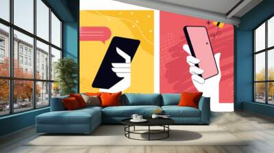 Hand holding and using mobile phone. Set of vector illustrations for graphic and web design of business, technology, marketing and social media banners and presentations, smartphone services and apps. Wall mural