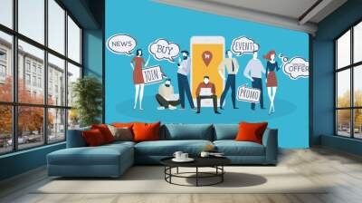 M-commerce. Flat design business people concept. Vector illustration for web banner, business presentation, advertising material. Wall mural