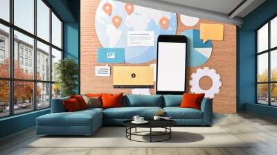 Mobile apps and services. Creative concept for website and mobile banner, internet marketing, social media and networking, branding, marketing material, presentation template. Wall mural