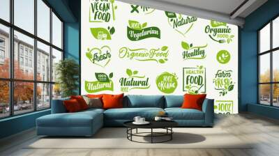 Organic food, farm fresh and natural product stickers and badges collection for food market, ecommerce, organic products promotion, healthy life and premium quality food and drink. Wall mural