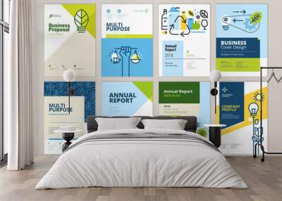 Set of brochure and annual report cover design templates of nature, green technology, renewable energy, sustainable development, environment. Vector illustrations for flyer layout, marketing material. Wall mural