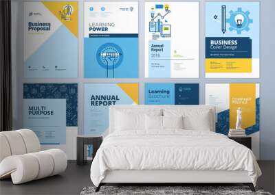 Set of brochure design templates on the subject of education, school, online learning. Vector illustrations for flyer layout, marketing material, annual report cover, presentation template. Wall mural