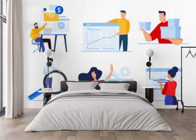 Set of business people concepts. Vector illustrations of ta analytics, business presentation, planning, social media, human resources, delivery, seo. Wall mural